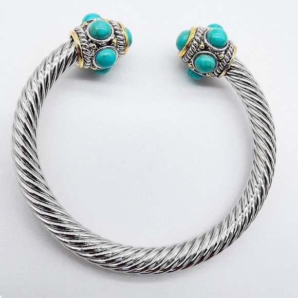 Designer Inspired Turquoise Stone Beads Tips Silver Cable Cuff Twist Bracelet - Picture 11 of 11